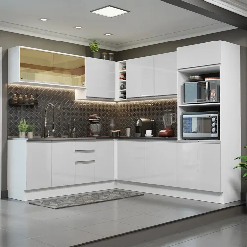 Armário de Cozinha Completa de Canto 100% MDF 459cm Frentes Branco Brilho Acordes Madesa 01