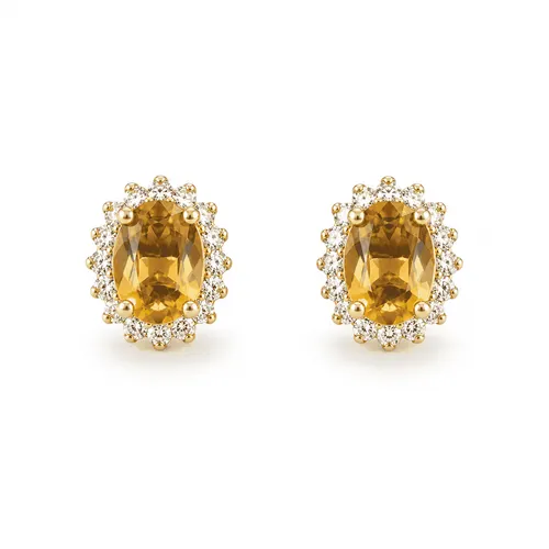 Brinco Oval 6x8 mm Cravejado em Volta em Prata com Banho de Ouro, Citrino Natural e Sparkle