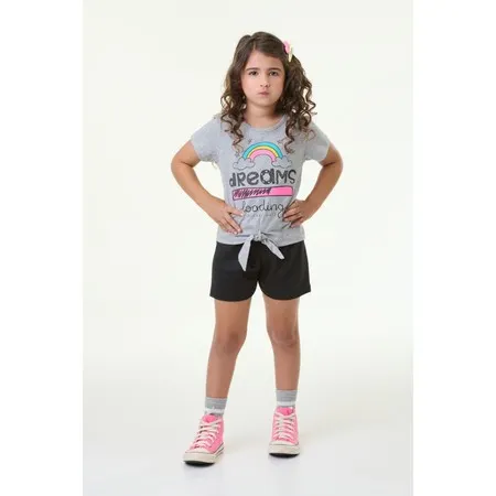 Conjunto Infantil Feminino Verão Camisa Rosa Pink estampa Dreams Bermuda Preta 1 ao 14 anos.