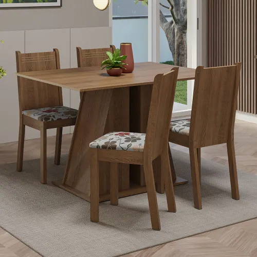 Conjunto Sala de Jantar Mesa Tampo de Madeira 4 Cadeiras Rustic/Hibiscos Marilyn Madesa