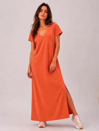 Vestido Longo de Algodão com Bolso Decote V Laranja