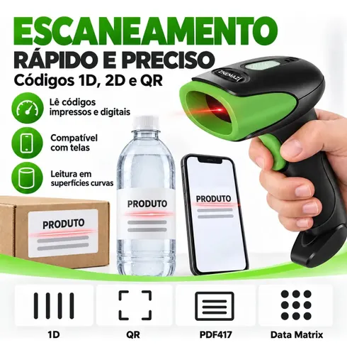 Leitor de código de barras sem fio Znemaz 1d/2d Tipo de conector de cabo USB de cor verde