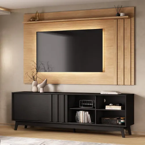 Conjunto Rack Preto Touch e Painel Parede Cedro Ventura Carraro