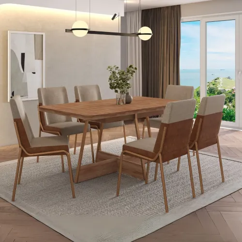 Conjunto Sala de Jantar 6 Cadeiras Boston Carraro Nogal Rosê