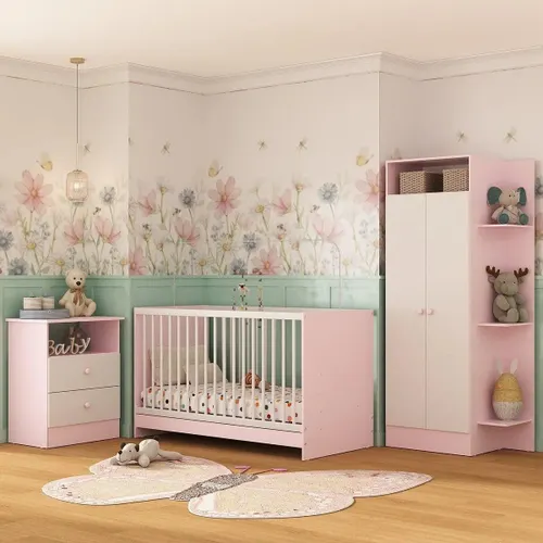 Jogo de Quarto Infantil com Colchão Trevalla Móveis Pom Pom Rosa/branco