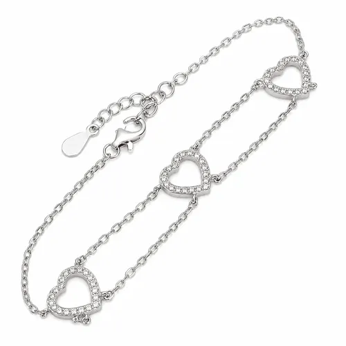 Pulseira em Prata com 3 Corações de Zircônia e Duplo Fio