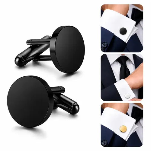 Par de Abotoaduras Redonda Punho de Camisa Aço Inoxidável Lisa Resistente Não Escurece Não Enferruja Luxo Moderno Allump Cor Preto