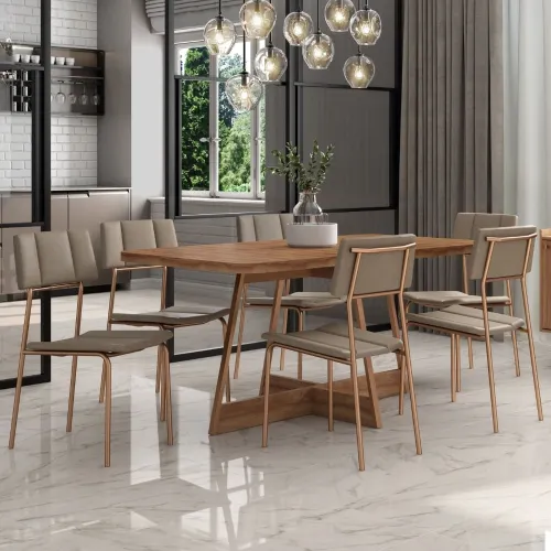 Conjunto Sala de Jantar 6 Cadeiras Los Angeles Carraro Nogal Rosê