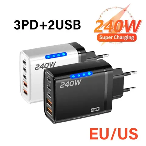 Carregador de celular 240W GaN 5 em 1 com carregamento rápido, adaptador de energia USB C, carregador de parede com plugue EU/US para iPhone, Samsung e Xiaomi