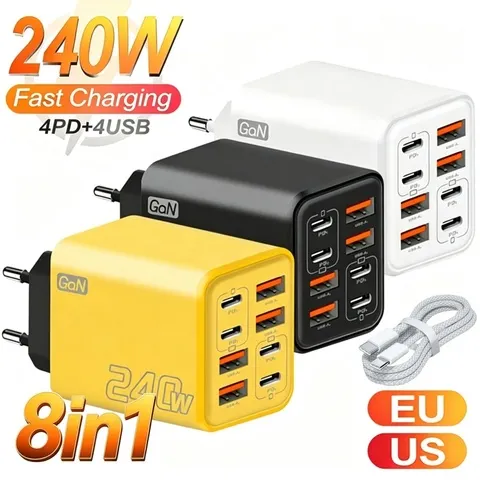 Carregador de mesa USB C GaN 8 em 1 de 240W com carregamento rápido, adaptador para telefone com cabo tipo C para iPhone, Samsung, Xiaomi, com plugue EU/US/UK.