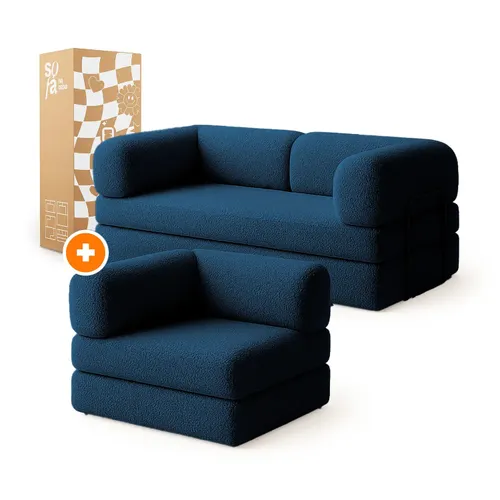 Sofá Cama Bloom - Sofá na Caixa + Poltrona Bloom Tecido Boucle Azul
