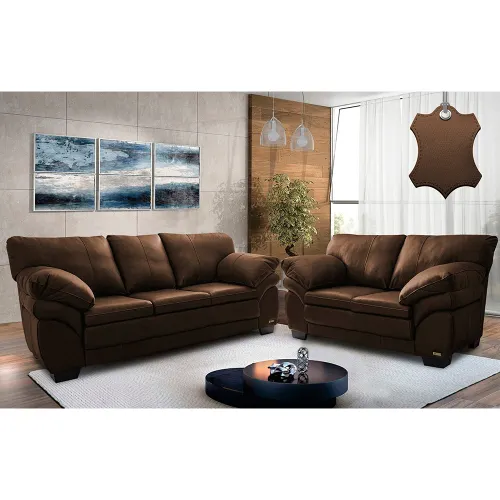 Conjunto Sofá de Couro Legítimo 3 e 2 Lugares Cama inBox Monterrey