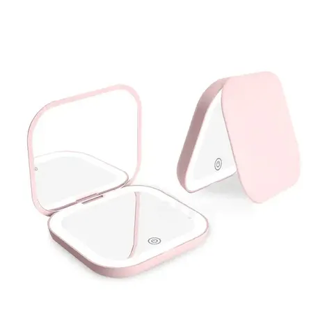 Espelho Compacto com Luzes, Espelho de Maquiagem Portátil Dobrável com Ampliação 1X/2X, Pequeno Espelho LED de Viagem para Presente, Bolsa