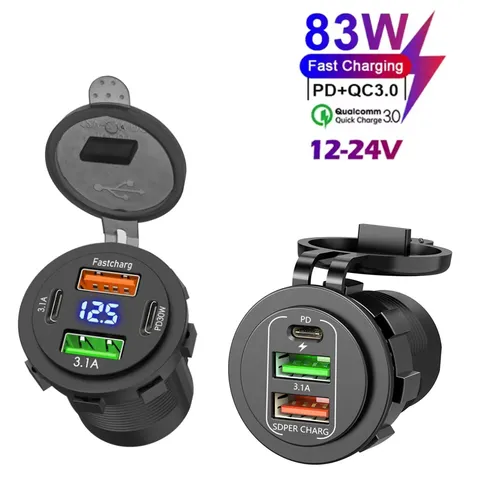 Novo 3/4 portas duplo pd duplo qc 3.0 usb carregador de carro com voltímetro tomada adaptador à prova dwaterproof água para 12v/24v carro barco