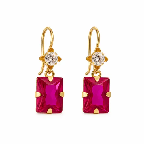 Brinco Gancho com Brilho Zircônias e Zircônia Rubi em Ouro 18K