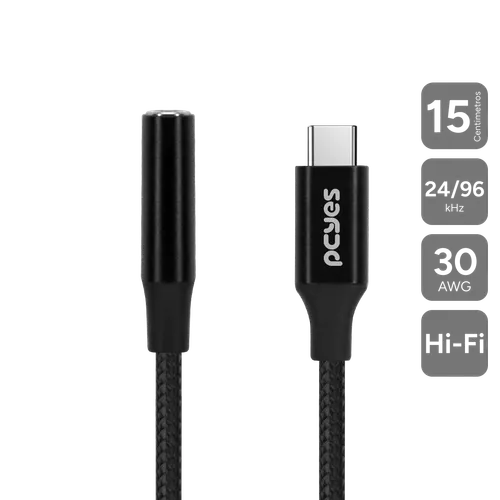 Cabo USB-C para P3 Fêmea PCYES Hi-Fi DAC 24/96 Nylon Preto 15cm P3UCP-15P