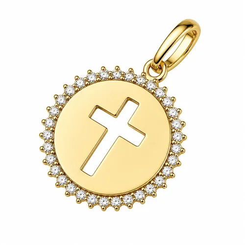 Pingente Redondo com Cruz e Zircônias 2,2 cm em Ouro 18K