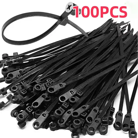 100 Peças Abraçadeiras de Nylon com Furo para Parafuso, Multiuso, Ajustáveis, Auto-travantes, Organizadoras de Cabos e Fitas de Fixação