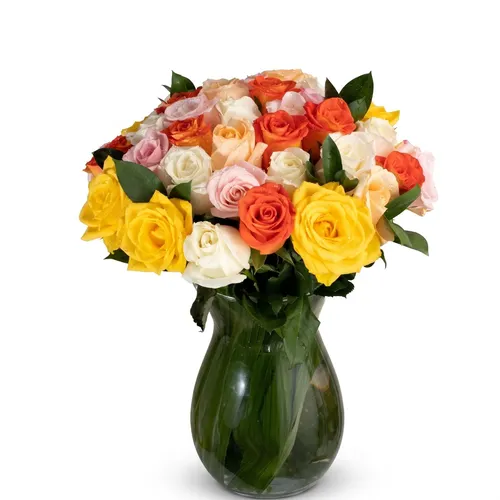 Vaso Simplesmente Bela com 40 Rosas Coloridas