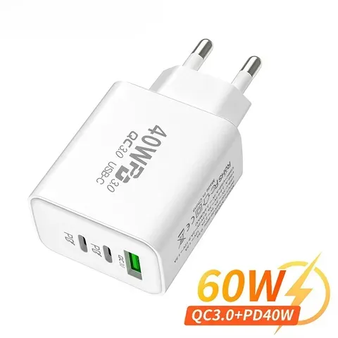 Carregador USB Tipo C de 60W com 3 portas, carregamento rápido PD, adaptador de carregador para iPhone, Xiaomi, Samsung, Huawei, plugue europeu/americano, carregador de viagem.