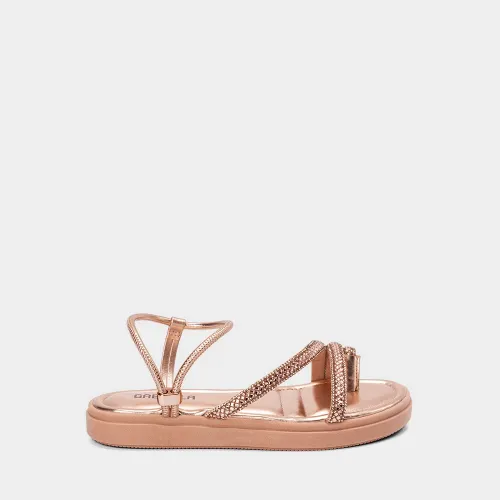Sandália Feminina Gabriela Flatform Tiras Strass Metalizado Rose Gold