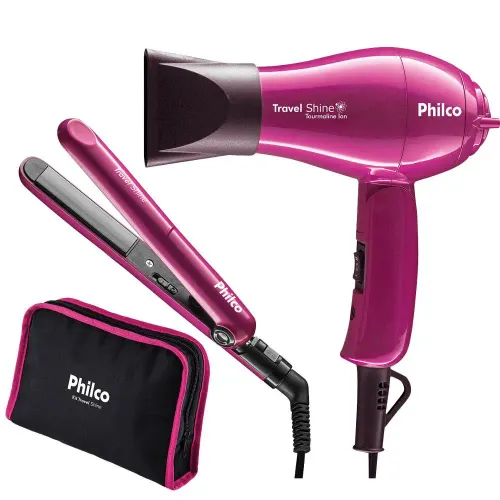 Kit Secador de Cabelo + Chapinha Philco Travel Shine com Nécessaire Bivolt Biv