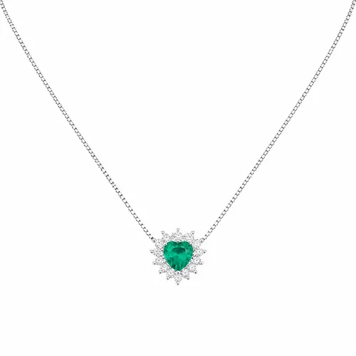Colar 45 cm Prata Coração Zircônias Esmeralda