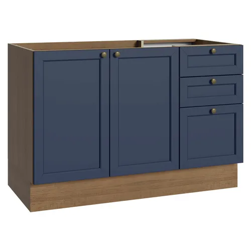 Balcão de Pia 120 x 60 cm 2 Portas 3 Gavetas (Sem Tampo) Rustic/Azul Vik Madesa