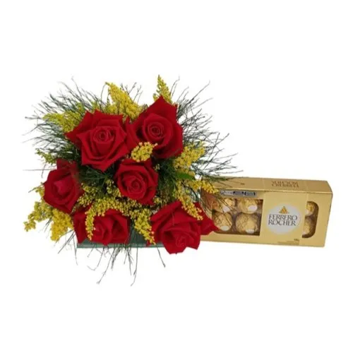 Buquê de Rosas Vermelhas e Chocolate Ferrero Rocher