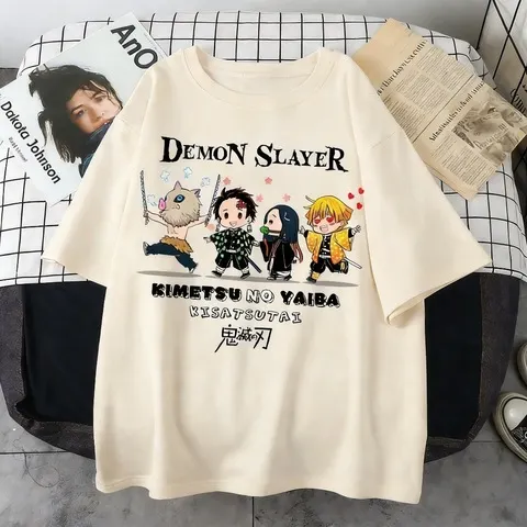 Camiseta Casual Estampada Demon Slayer para Homens e Mulheres Plus Size, Moda de Rua Estilo Harajuku Y2K