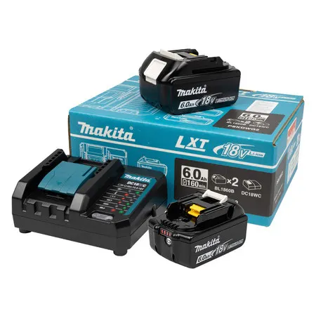 Kit de Energia com 2 Baterias 18V 6Ah BL1860B e Carregador de Bateria DC18WC Bivolt Makita PSKDWG2
