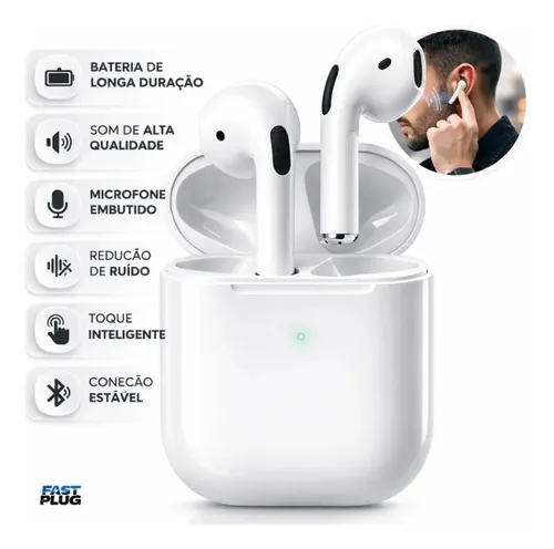 Fone de Ouvido Bluetooth Bateria de Longa Duração Pro 4 Branco Conecta Rápido Fast Plug com Case Carregador e Microfone