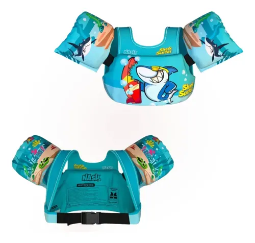 Boia Colete Infantil Braço Estampado Menino Menina com Alça Azul-tubarão Único