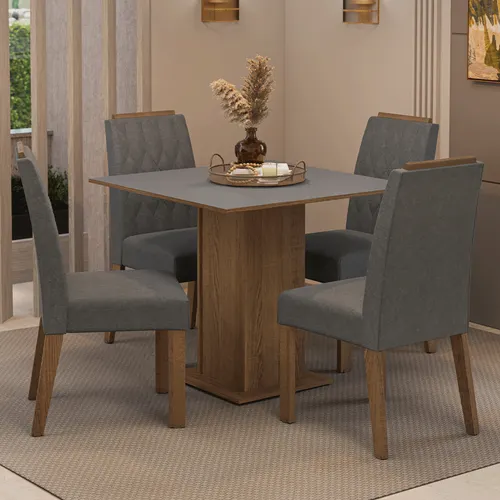Conjunto Sala de Jantar Tampo de Madeira 4 Cadeiras Rustic/Cinza/Silver Cannes Madesa