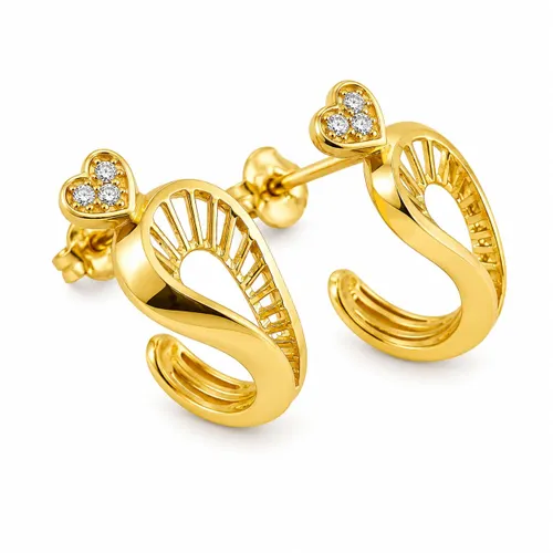 Brinco Argola Vazada com Coração e Zircônias 1,5 cm em Ouro 18K