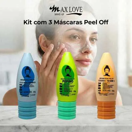 Kit com 3 Máscaras Peel Off - Ácido Hialurônico, Pepino, Vitamina C 10em1 Max Love