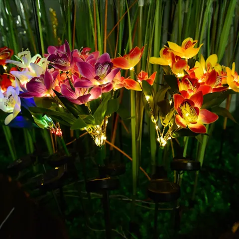 1 unidade de luminárias solares LED para o chão, luminárias de jardim com formato de flor artificial, luminárias solares com 7 cabeças em forma de orquídea para decoração de pátios, jardins e Natal.