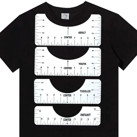 Guia de régua de camiseta, 4 unidades, ferramenta de alinhamento de camisa, régua de alinhamento de camiseta com gráfico de tamanho de roupas para adultos, jovens, crianças pequenas