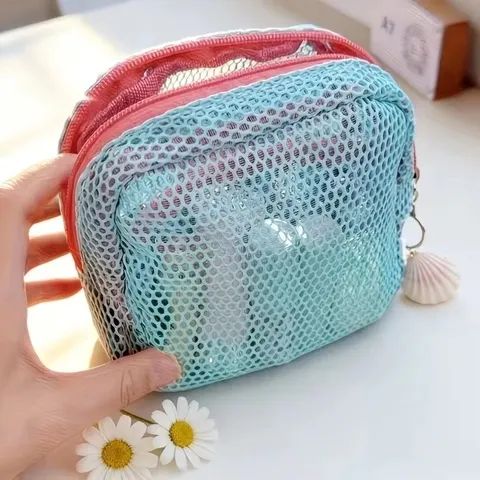 Bolsa de armazenamento colorida e moderna, com grande capacidade, em tons vibrantes, bolsa de cosméticos em rede, necessaire para maquiagem.