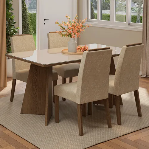 Conjunto Sala de Jantar Tampo de Vidro 4 Cadeiras Rustic/Crema/Imperial Braga Madesa