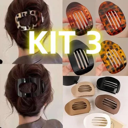 Kit 3 Presilha de Cabelo Oval de Terra Plana Aperto Dentes Dobráveis e Confortáveis Curvos Aleatoria