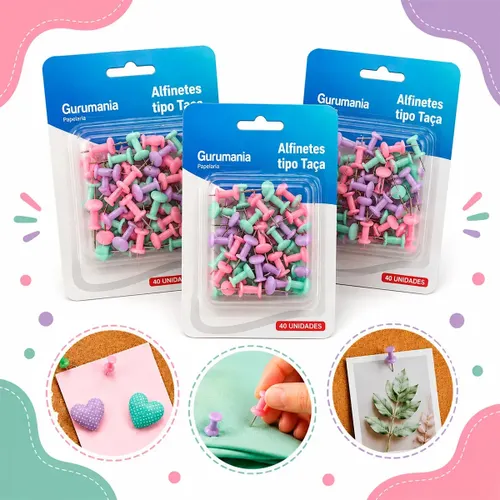 Kit 120 Alfinetes Tipo Taça Tachinhas Coloridas para Mapas Mural Quadro Cortiça Avisos Recados Gurumania