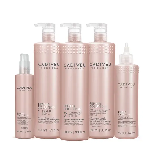 Kit Cadiveu Repair Solution Shampoo sem Sulfato Condicionador Máscara Litro Shot e Proteína (5 Produtos)