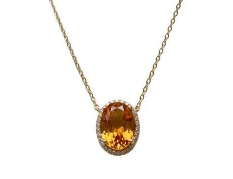 Corrente Elos Portugueses com Pedra Oval Citrino 10 mm em Prata Banhada a Ouro