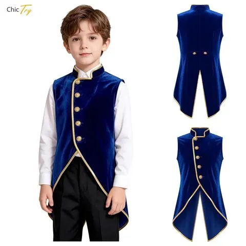 Casaco Vintage de Veludo Medieval para Meninos, Jaqueta com Acabamento Metálico, Colete Gótico Steampunk Vitoriano para Festa Temática de Halloween