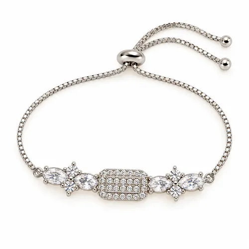 Pulseira Veneziana Regulável com Retângulo 10 cm Cravejado em Prata