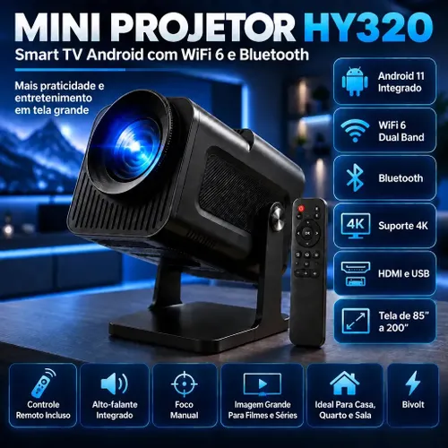 Projetor HY320 Mini Portátil Hardline Smart TV Android WiFi 6 390 ANSI Lumens Full HD Suporte Bluetooth 85-200 Polegadas Alto Falante com Controle Remoto Bivolt