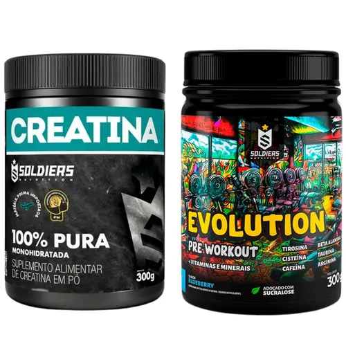 Kit: Creatina Monohidratada Pote 300g 100% Pura + Pré Treino Evolution 300g - Soldiers Nutrition