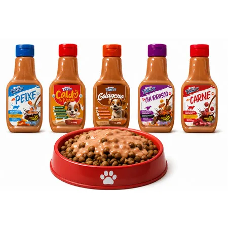 Molho Tasty Doogs para Ração Cães e Gatos Carne Churrasco Peixe Colágeno Caldo de Ossos 250g Petisco