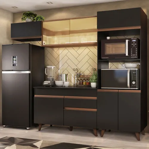 Armário de Cozinha Completa 260cm Preto/Rustic Reims Madesa 01
